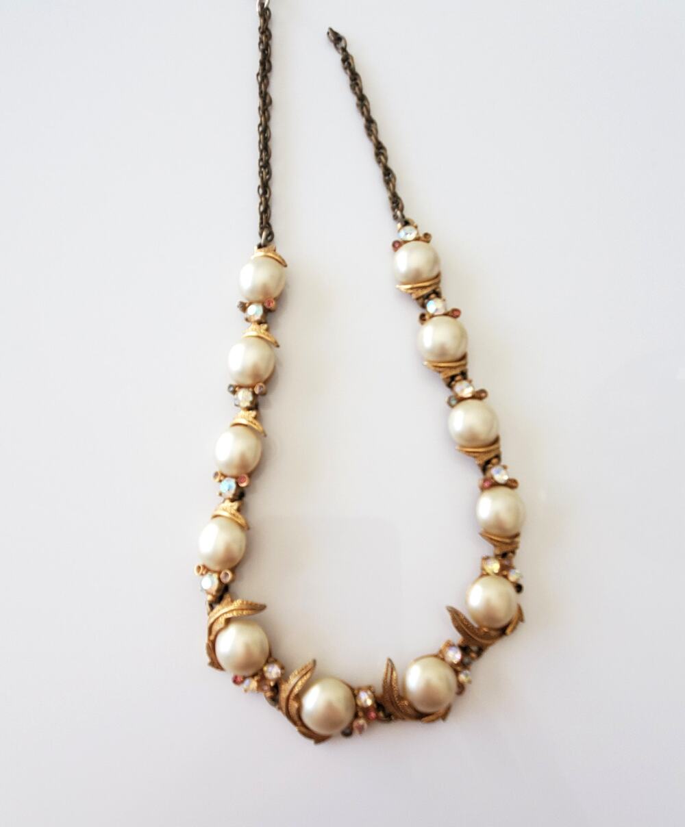Vintage Art Designer Faux Pearl and Rhinestone Necklace
